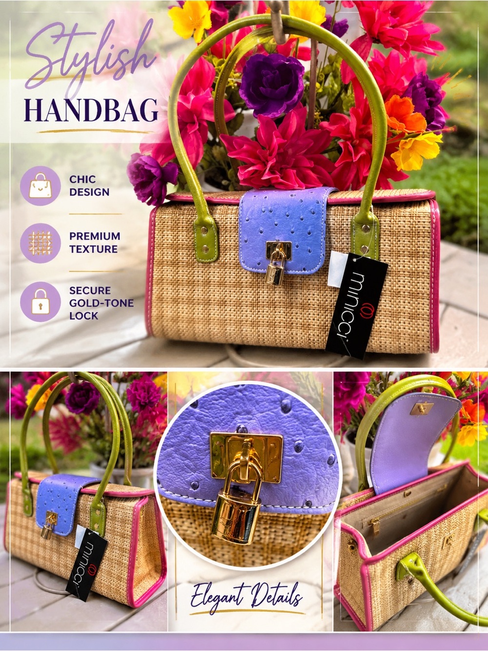 Minicci Straw pattern Satchel with Lavender Flap, Pink Trim & Green Handles